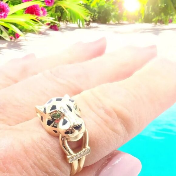 Authentic! Cartier Panther Panthere 18k Gold Diamond Lacquer Tsavorite Ring Cert - Picture 9 of 9
